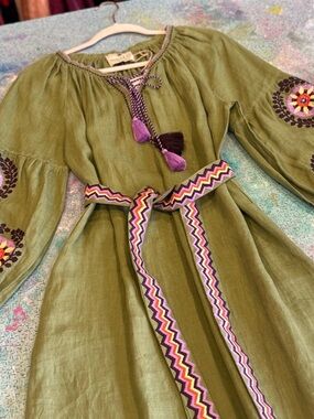 Boho Olive Green Embroidered Maxi Dress with Zigzag Belt